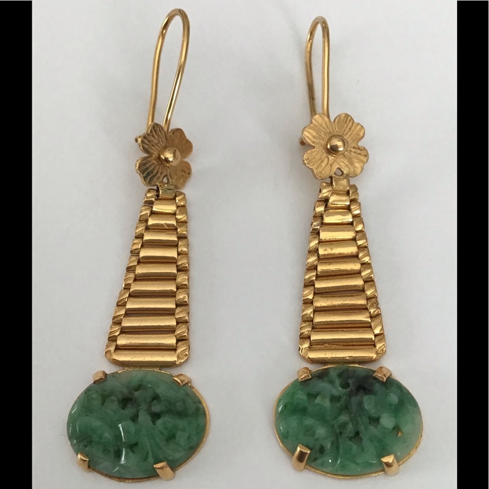 Solid 22K 18K Gold Carved Jade Long Drop Earrings